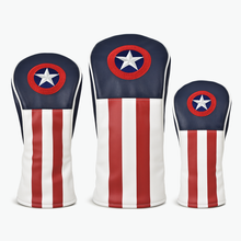 Load image into Gallery viewer, PRG Originals Captain America USA Design Golf Headcovers. Set of 3. Driver, Fairway and Rescue or Putter Cover.