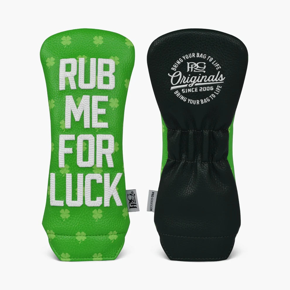 New 2025 PRG Originals Luck of the Irish, Rub Me For Luck Design Golf Rescue or Hybrid Wood Headcover.