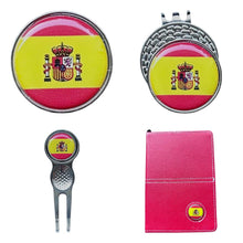 Load image into Gallery viewer, Spain Crested Golf Accessories. Ball Marker, Hat Clip, Divot Tool or Scorecard Holder.
