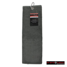 Load image into Gallery viewer, Brand Fusion Tri-Fold Velour Golf Towel. Navy, Grey, Black, White, Red, Orange, Green, Pink, Royal Blue.
