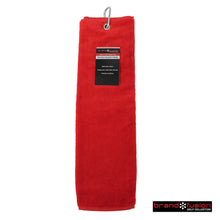 Load image into Gallery viewer, Brand Fusion Tri-Fold Velour Golf Towel. Navy, Grey, Black, White, Red, Orange, Green, Pink, Royal Blue.
