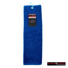 Load image into Gallery viewer, Brand Fusion Tri-Fold Velour Golf Towel. Navy, Grey, Black, White, Red, Orange, Green, Pink, Royal Blue.
