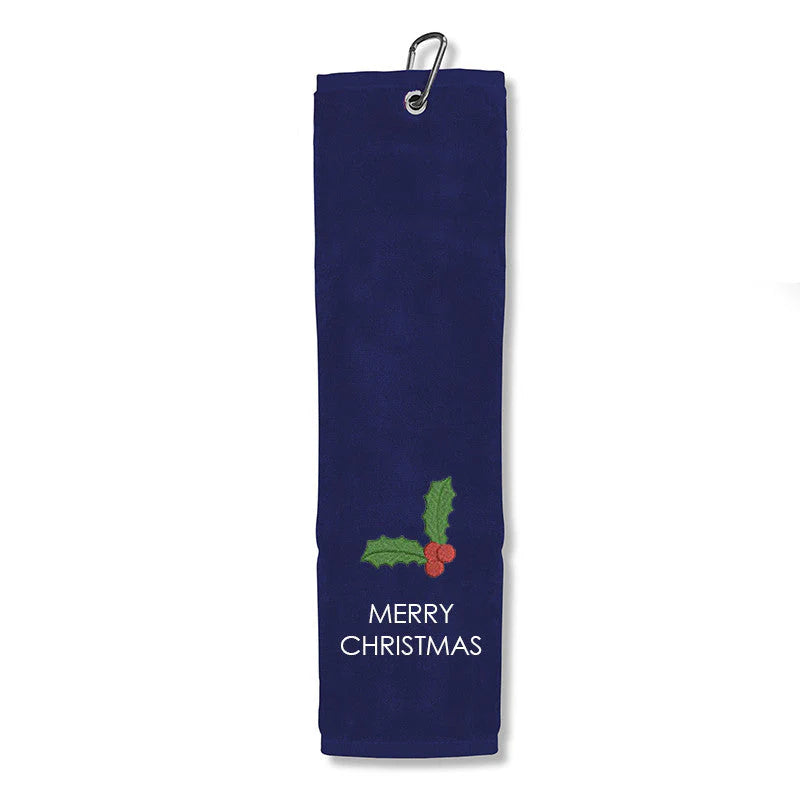 NEW Surprizeshop Merry Christmas Embroidered Terry Cotton Tri Fold Golf Towel.  Navy