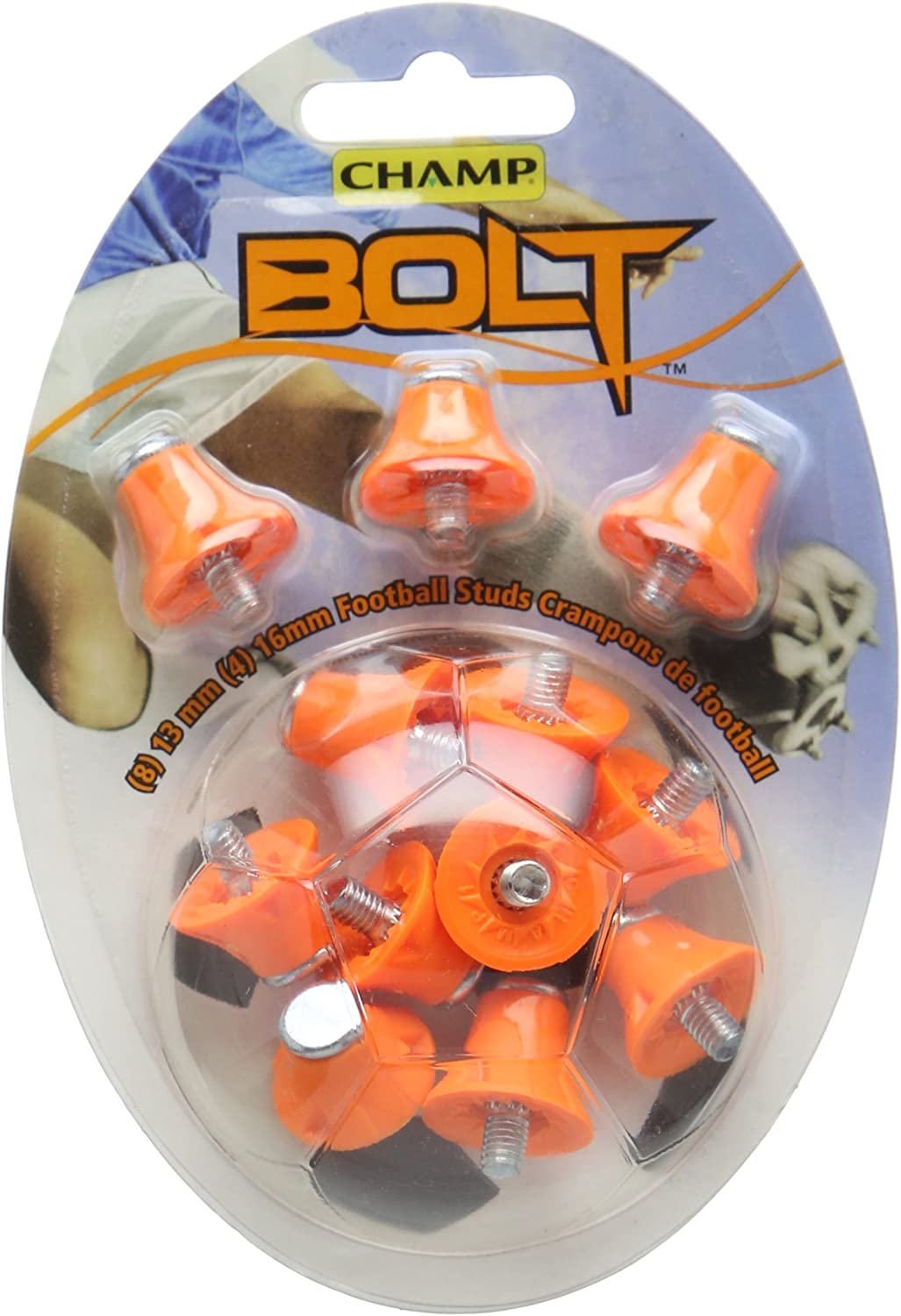 Champ Bolt Football Studs, Orange Steel Tip.