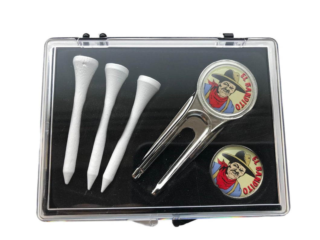 El Bandito Golf Gift Box. Divot Tool. Ball Marker and 3 Golf Tees