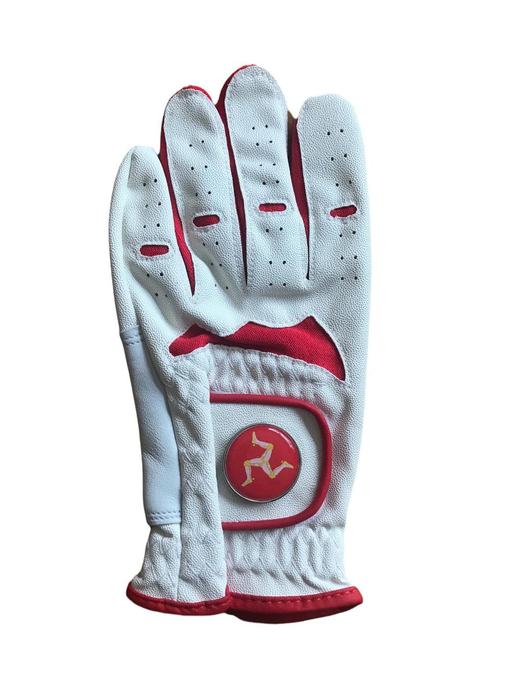 NEW Junior Red / White All Weather Golf Glove. Isle of Man Ball Marker. Small, Medium or Large.