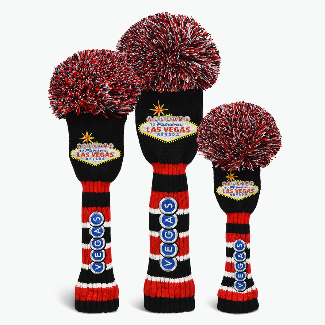 PRG Originals Las Vegas Black Pom Pom Design Golf Headcovers. Set of 3. Driver, Fairway and Rescue.