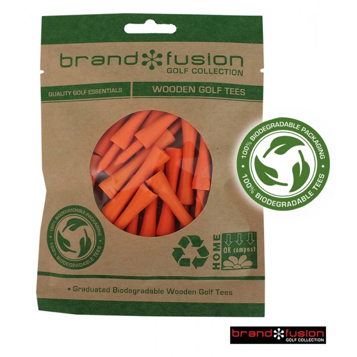 Brand Fusion Collection Graduated Golf Tees. Wood Biodegradable. Orange. 15 Pack.