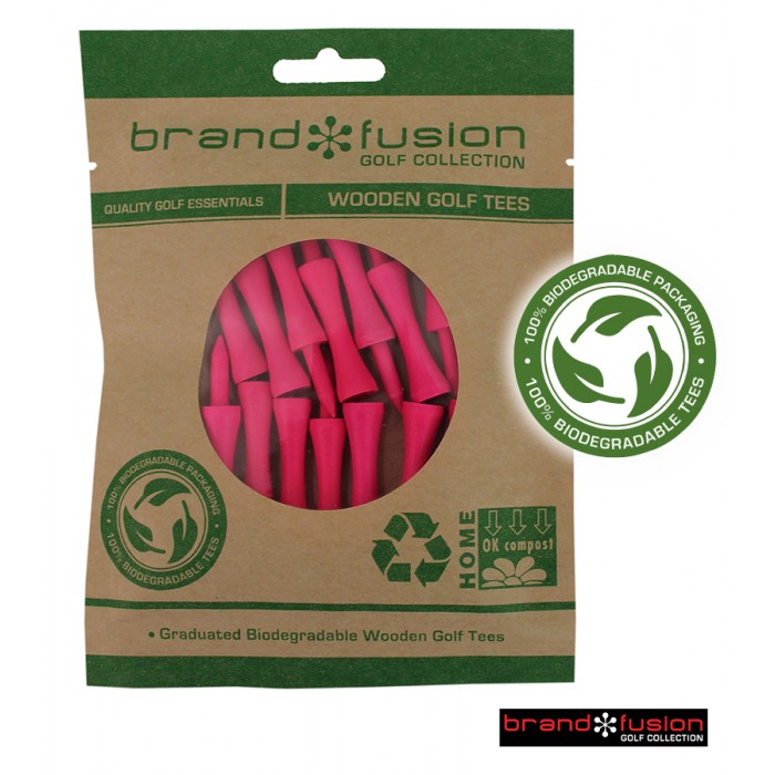 Brand Fusion Collection Graduated Golf Tees. Wood Biodegradable. Pink. 15 Pack.