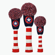 Load image into Gallery viewer, PRG Originals Captain America USA Pom Pom Design Golf Headcovers. Set of 3. Driver, Fairway and Rescue.
