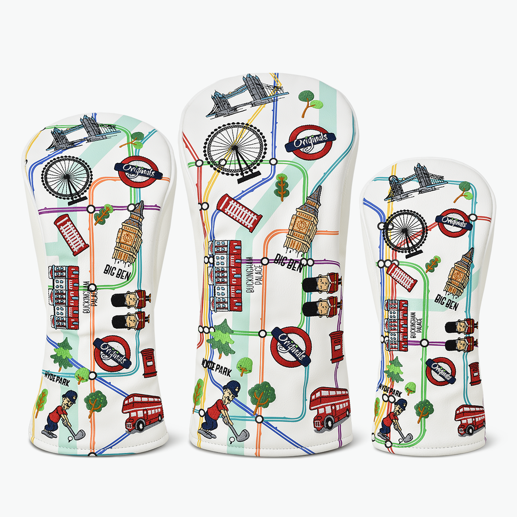 PRG Originals London UK Design Golf Headcovers. Set of 3. Driver, Fairway and Rescue or Putter Cover.