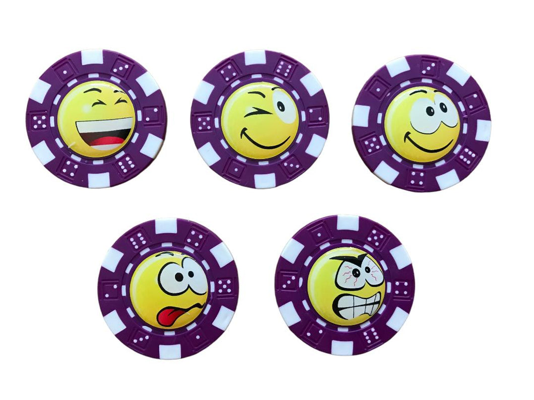 5 Yellow Poker Chip Golf Ball Markers. Purple Outer.  Laugh, Wink, Happy, Crazy, Angry.