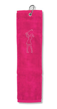 Load image into Gallery viewer, NEW 2022 Surprizeshop Crystal Lady Golfer Tri Fold Golf Towel. Aqua, Black, Navy or Pink.
