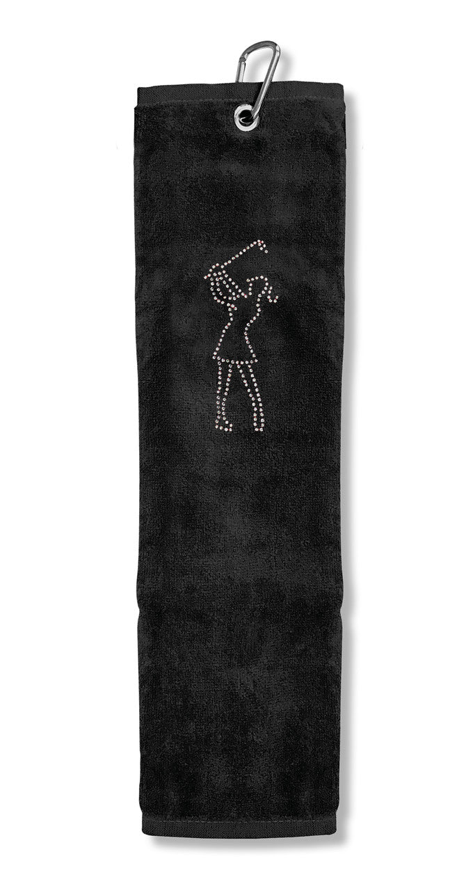 NEW 2022 Surprizeshop Crystal Lady Golfer Tri Fold Golf Towel. Aqua, Black, Navy or Pink.