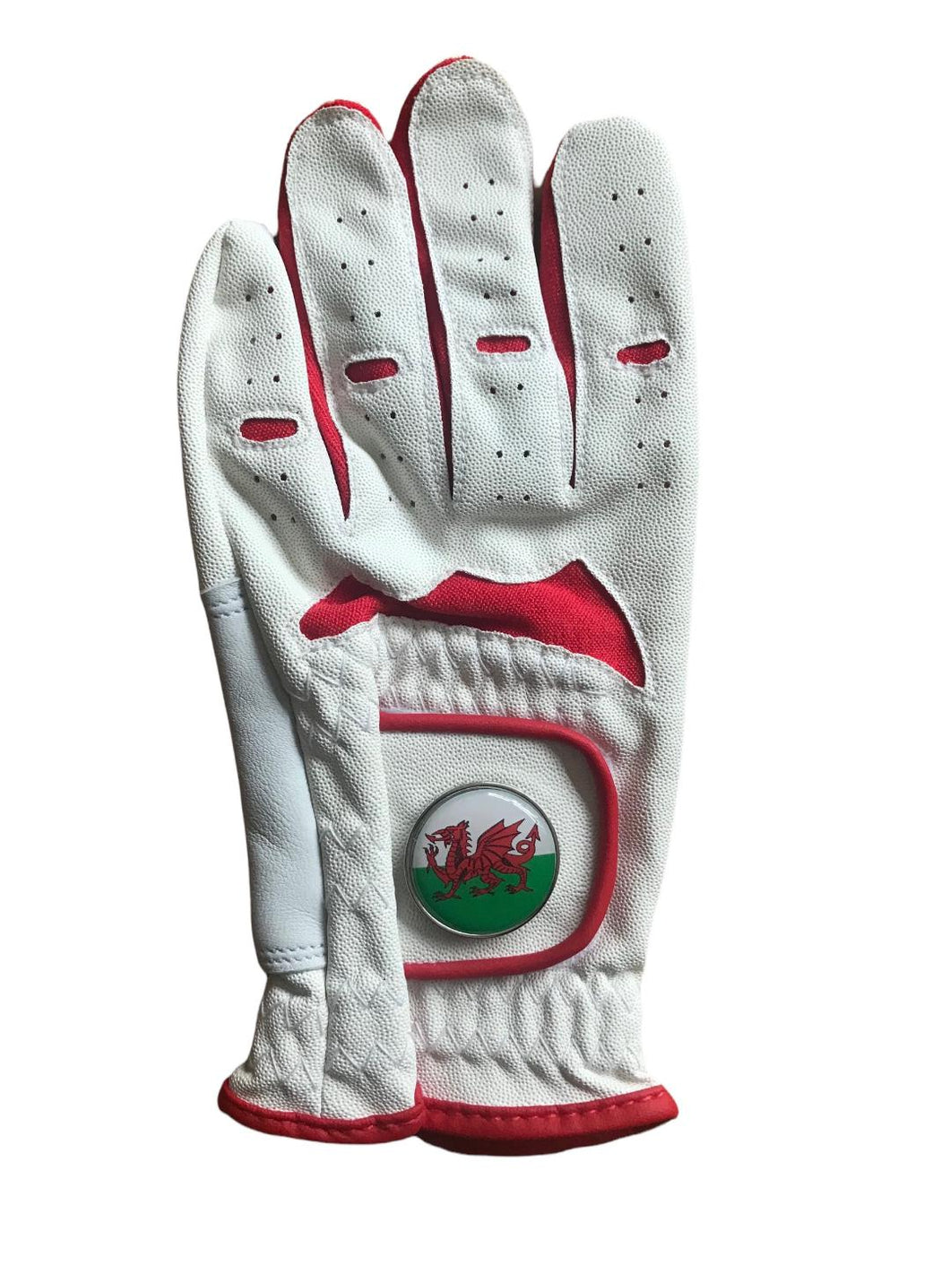 NEW Junior Red / White All Weather Golf Glove. Wales Ball Marker. Small, Medium or Large.
