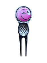 Load image into Gallery viewer, Pink Design Golf Divot Tool With Detachable Golf Ball Marker.  Laugh, Wink, Happy, Crazy, Angry.
