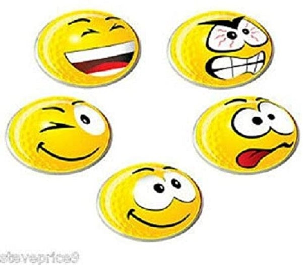 5 Yellow Golf Ball Markers.  Laugh, Wink, Happy, Crazy, Angry.