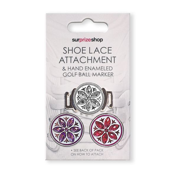 Surprizeshop Shoe Lace Attachment and 3 Hand Enameled Crystal Golf Ball Markers.