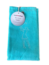 Load image into Gallery viewer, NEW 2022 Surprizeshop Crystal Lady Golfer Tri Fold Golf Towel. Aqua, Black, Navy or Pink.
