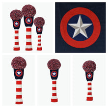 Load image into Gallery viewer, PRG Originals Captain America USA Pom Pom Design Golf Headcovers. Set of 3. Driver, Fairway and Rescue.
